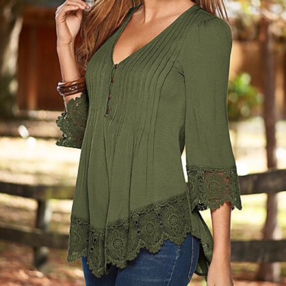 New VENUS boho Olive lace detail button up blouse